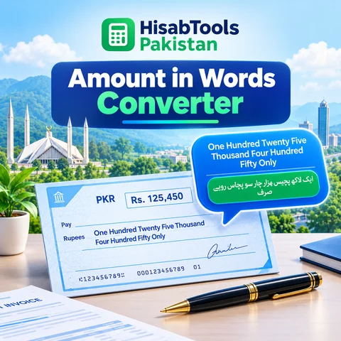 Amount in words converter illustration showing a PKR cheque amount written in English and Urdu words