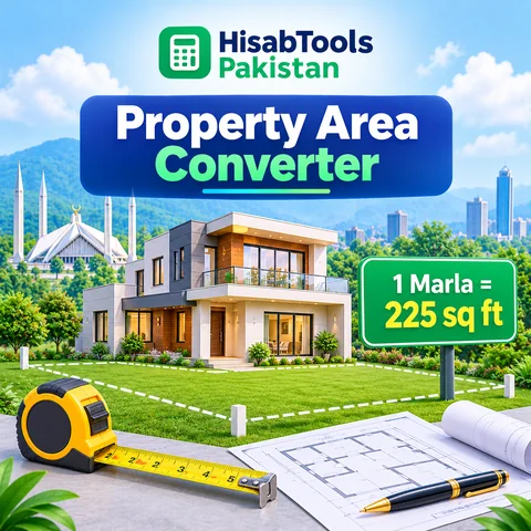 Property area converter illustration showing a house and plot with the note 1 marla equals 225 square feet